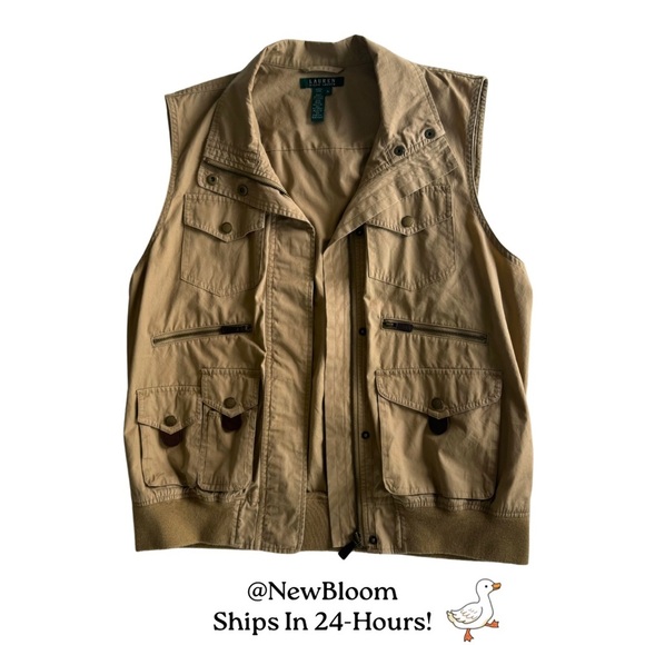 Women’s Lauren Ralph Lauren 100% Cotton Safari Vest Large Tan Snap Front Polo - Picture 3 of 12